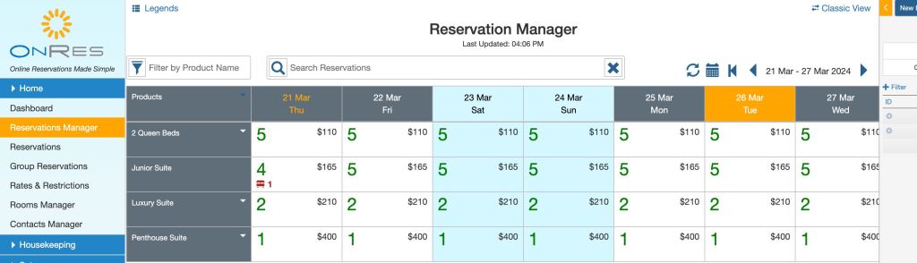 Here is how the reservation manager looks in the hotel mode accounts